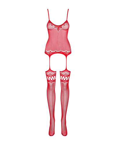 (SALE) Бодістокінг Obsessive Bodystocking F214 red S/M/L, імітація корсета та панчіх на підв’язках - Фото №5