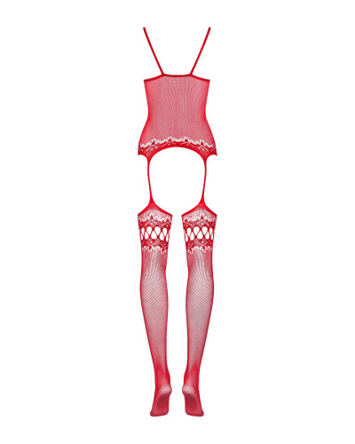 (SALE) Бодістокінг Obsessive Bodystocking F214 red S/M/L, імітація корсета та панчіх на підв’язках - Фото №6