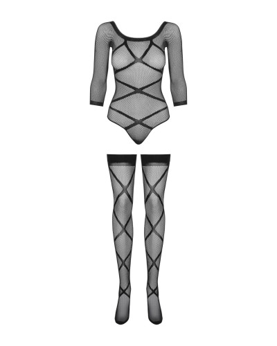 (SALE) Бодістокінг Obsessive Bodystocking G320 S/M/L, панчохи, боді, декор у вигляді ліній - Фото №5