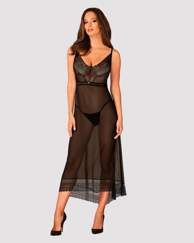 (SALE) Напівпрозора довга сорочка Obsessive Estiqua chemise XS/S, чорний, асиметричний крій - Фото №3