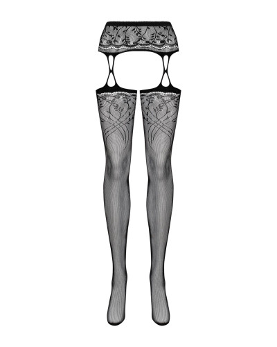 Чулки-стокинги с растительным рисунком Obsessive Garter stockings S206 black S/M/L черные, имитация - Фото №5