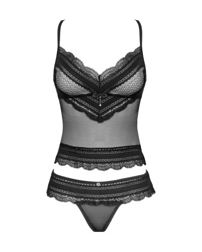 Полупрозрачный набор с украшениями Obsessive Ivannes top & thong S/M, черный, топ и танга - Фото №5