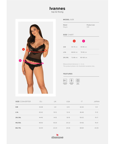 Полупрозрачный набор с украшениями Obsessive Ivannes top & thong S/M, черный, топ и танга - Фото №7