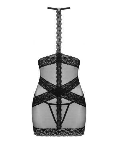 Полупрозрачная сорочка с открытой грудью Obsessive Lacrisia chemise XL/2XL, черная, с чокером - Фото №5