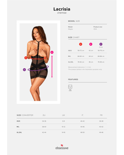 Полупрозрачная сорочка с открытой грудью Obsessive Lacrisia chemise XL/2XL, черная, с чокером - Фото №7