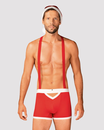 Мужской эротический костюм Санта-Клауса Obsessive Mr Claus 2XL/3XL, боксеры на подтяжках, шапочка с - Фото №1