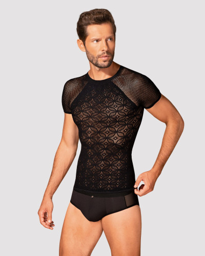Мужская полупрозрачная футболка с орнаментом Obsessive T102 T-shirt S/M/L, черная - Фото №1