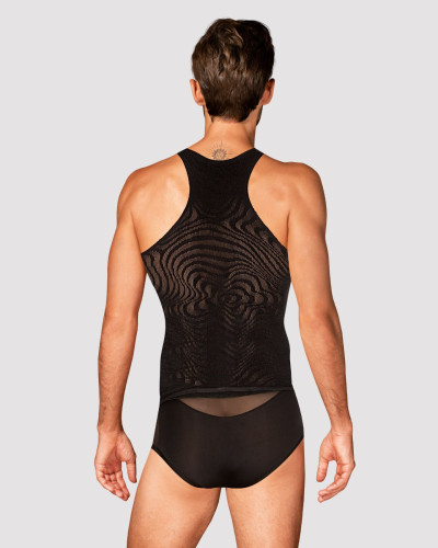 Мужская полупрозрачная майка-борцовка с узором Obsessive T103 tank top S/M/L, черная - Фото №2