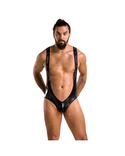 Чоловіче відкрите боді Passion 027 BRUNO L/XL Black, під латекс, на шлейках - Фото №3