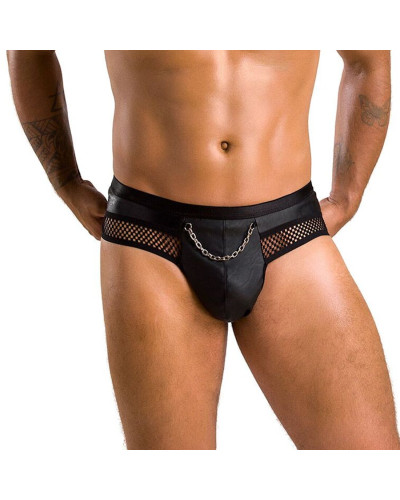 Мужские трусы с цепочкой Passion 030 SLIP TOM L/XL Black, экокожа, открытые ягодицы - Фото №1