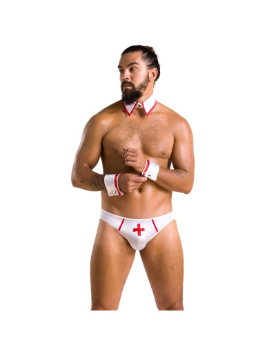 Комплект еротичної чоловічої білизни Passion 037 GREGORY XXL/XXXL White, труси, комірець, манжети - Фото №3
