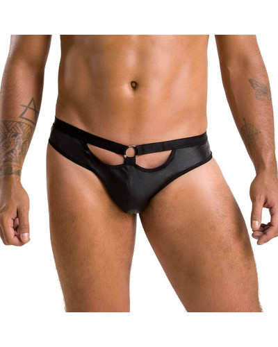 Мужские слипы с вырезами Passion 041 SLIP JOE S/M Black, экокожа, открытые ягодицы - Фото №1