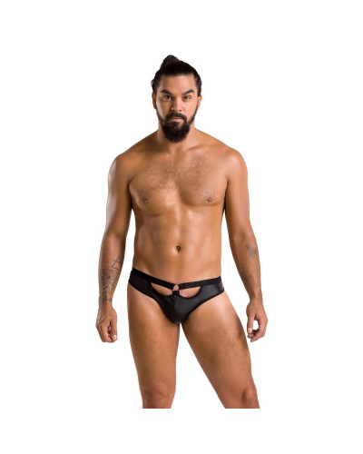 Мужские слипы с вырезами Passion 041 SLIP JOE S/M Black, экокожа, открытые ягодицы - Фото №3