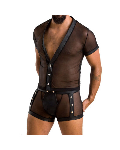 Комплект сетчатого мужского белья Passion 052 SET MICHAEL L/XL black, рубашка, боксеры, заклепки - Фото №1