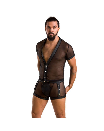 Комплект сетчатого мужского белья Passion 052 SET MICHAEL L/XL black, рубашка, боксеры, заклепки - Фото №3