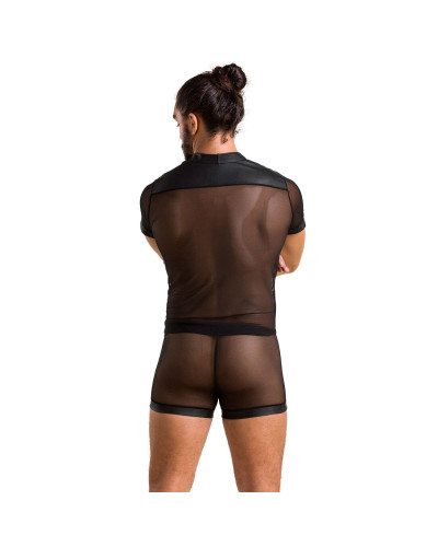 Комплект сетчатого мужского белья Passion 052 SET MICHAEL L/XL black, рубашка, боксеры, заклепки - Фото №4
