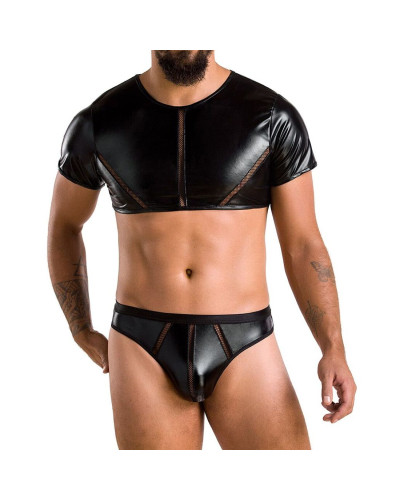 Комплект мужского белья под латекс Passion 057 SET PETER XXL/XXXL Black, кроп-топ, стринги - Фото №1