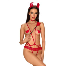 Эротический костюм чертика из стреп Obsessive Evilia teddy red S/M, боди, чокер, накладки на соски,