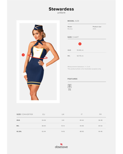 Еротичний костюм стюардеси Obsessive Stewardess uniform M/L, blue, сукня, пілотка, шарф, манжети - Фото №5
