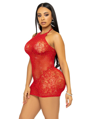 Платье-сетка со стразами Leg Avenue Rhinestone halter mini dress Red, открытая спина, one size - Фото №4