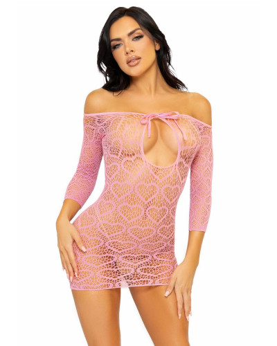 Платье-сетка с сердечками Leg Avenue Heart net mini dress Pink, завязки, открытые плечи, one size - Фото №1