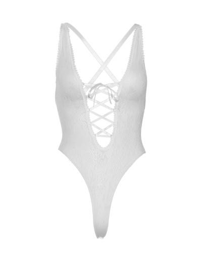 Мереживне боді Leg Avenue Floral lace thong teddy White, шнурівка на грудях, one size - Фото №8