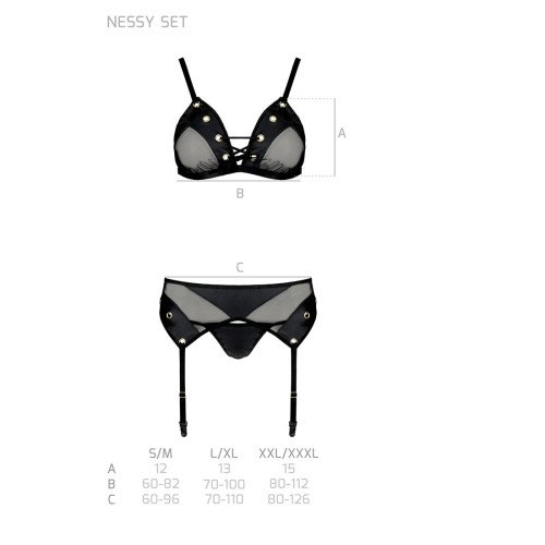 Комплект белья Passion NESSY SET L/XL black, бюстгальтер, пояс для чулок, стринги
