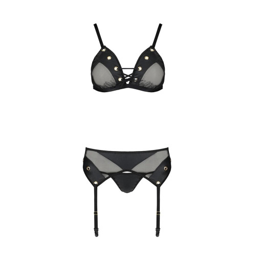 Комплект белья Passion NESSY SET S/M black, бюстгальтер, пояс для чулок, стринги