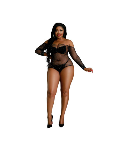 Сетчатое боди со стразами Moonlight Plus Model 09 XL-XXXL Black, открытые плечи - Фото №1