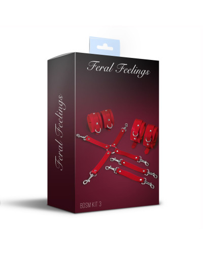 Набор для БДСМ 3 в 1 Feral Feelings BDSM Kit 3 Red, red, наручники, поножи, крестовина - Фото №2