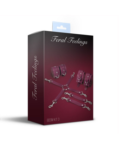 Набор для БДСМ 3 в 1 Feral Feelings BDSM Kit 3 Burgundy, burgundy, наручники, поножи, крестовина - Фото №2