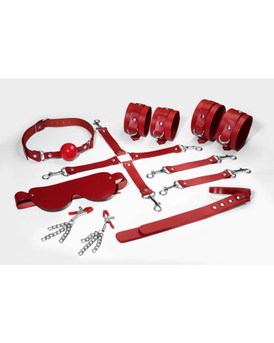 Набор Feral Feelings BDSM Kit 7 Red, наручники, поножи, коннектор, маска, паддл, кляп, зажимы - Фото №1