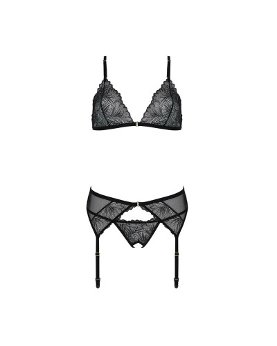 Комплект з відкритим доступом Passion DELIENA SET L/XL black, ліф, стрінги, пояс для панчіх - Фото №4