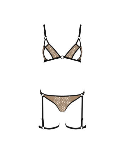 Эротический комплект нижнего белья Passion GABI SET L/XL beige, трусики с гартерами - Фото №3