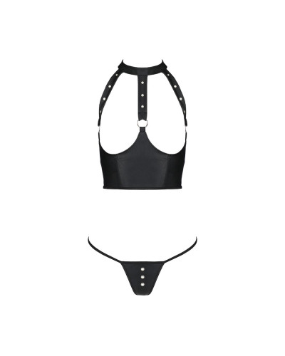 Комплект білизни з відкритими грудьми Passion GENEVIA SET WITH OPEN BRA L/XL black, корсет, стрінги - Фото №3