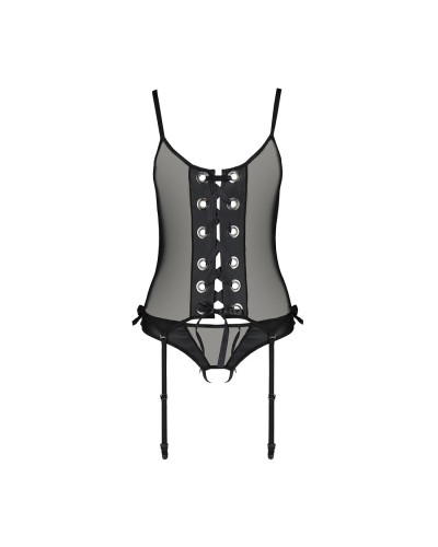 Корсет зі шнурівкою Passion NESSY CORSET XXL/XXXL black, стрінги з відкритим доступом, пажі для панч - Фото №3
