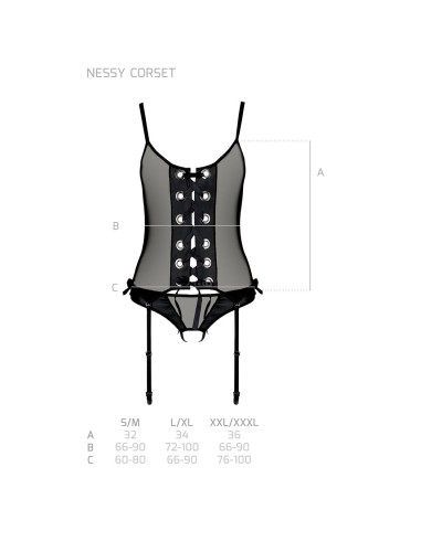 Корсет зі шнурівкою Passion NESSY CORSET XXL/XXXL black, стрінги з відкритим доступом, пажі для панч - Фото №5