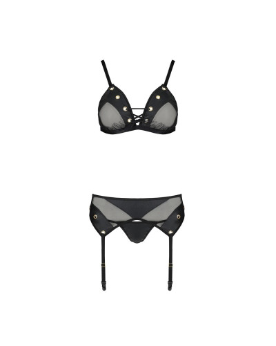 Комплект белья Passion NESSY SET L/XL black, бюстгальтер, пояс для чулок, стринги - Фото №3