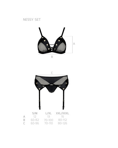 Комплект белья Passion NESSY SET L/XL black, бюстгальтер, пояс для чулок, стринги - Фото №5