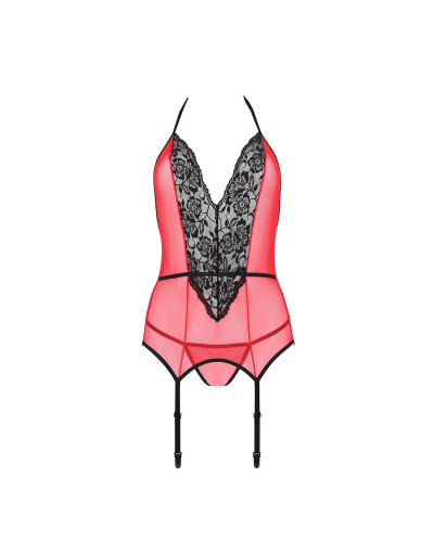 Корсет з пажами для панчіх Passion PEONIA CORSET L/XL red, стрінги - Фото №4