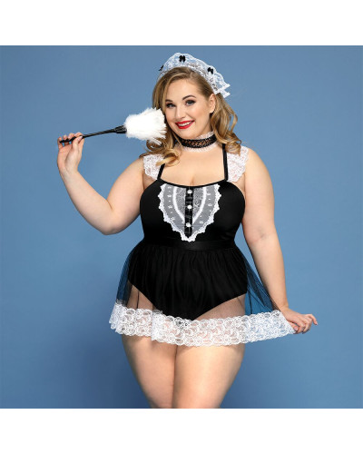 Костюм секс-покоївки JSY «Гаряча Кері» Plus Size Black, боді, спідниця, чокер, головний убір, мітелк - Фото №1