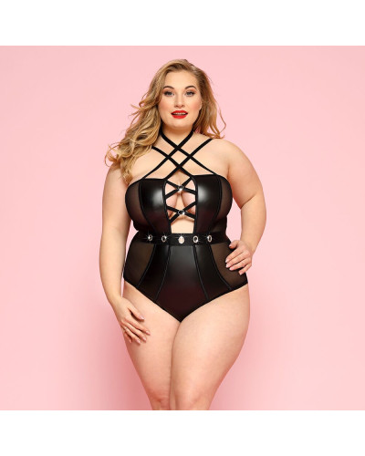Сексуальне боді JSY «Пристрасна Лорейн» Plus Size Black, люверси, стрепи, екошкіра, шнурівка - Фото №1
