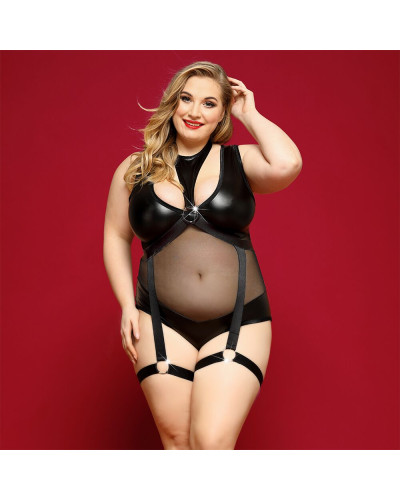 Элегантное боди из экокожи JSY «Соблазнительная Морган» Plus Size, Black, сетка, портупея с гартерам - Фото №1