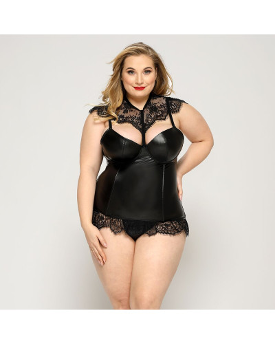 Латексний комплект білизни JSY «Пристрасна Ірис» Plus Size, Black, корсет, стрінги, мереживо - Фото №1