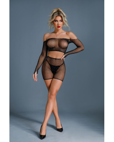 Бодістокінг Caprice Lingerie Model 07 One size Black, топ, велосипедки, сітка зі стразами - Фото №1