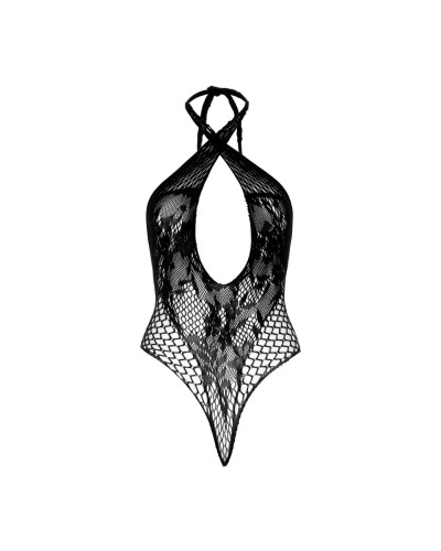 Мереживне тедді Leg Avenue Lace and net halter teddy One size Black, глибокий виріз, халтер - Фото №7