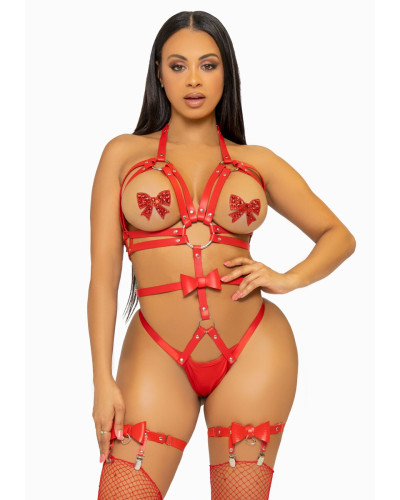 Портупея-тедди из ремней Leg Avenue Studded O-ring harness teddy S Red, экокожа - Фото №1