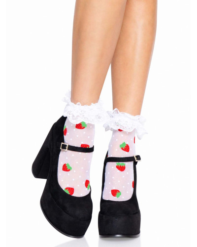 Шкарпетки жіночі з полуничним принтом Leg Avenue Strawberry ruffle top anklets One size, мереживні м - Фото №1