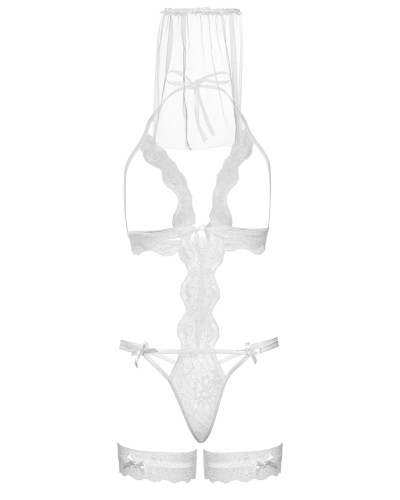 Костюм нареченої Leg Avenue G-string teddy, veil & garter One size White, з відкритими грудьми - Фото №4
