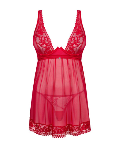 Прозрачная сорочка бэби-долл Obsessive Lacelove babydoll & thong XL/2XL Red, кружево, стринги - Фото №3